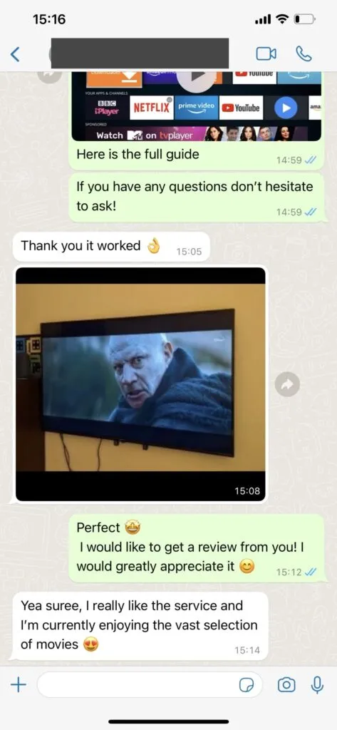 WhatsApp kundeservice besked om IPTV aktivering